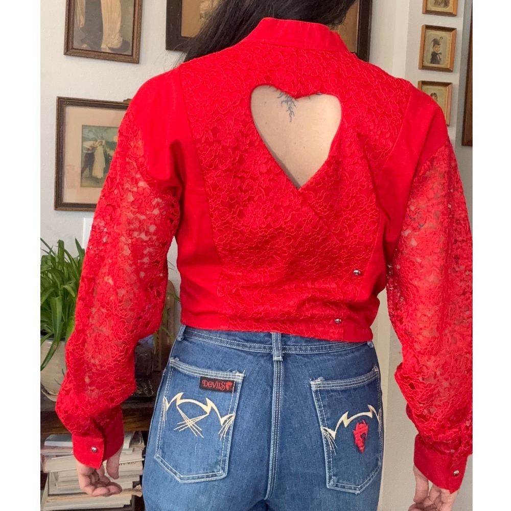Vintage 80s 90s Red Lace blouse Heart Cutout Button Front Extra Large